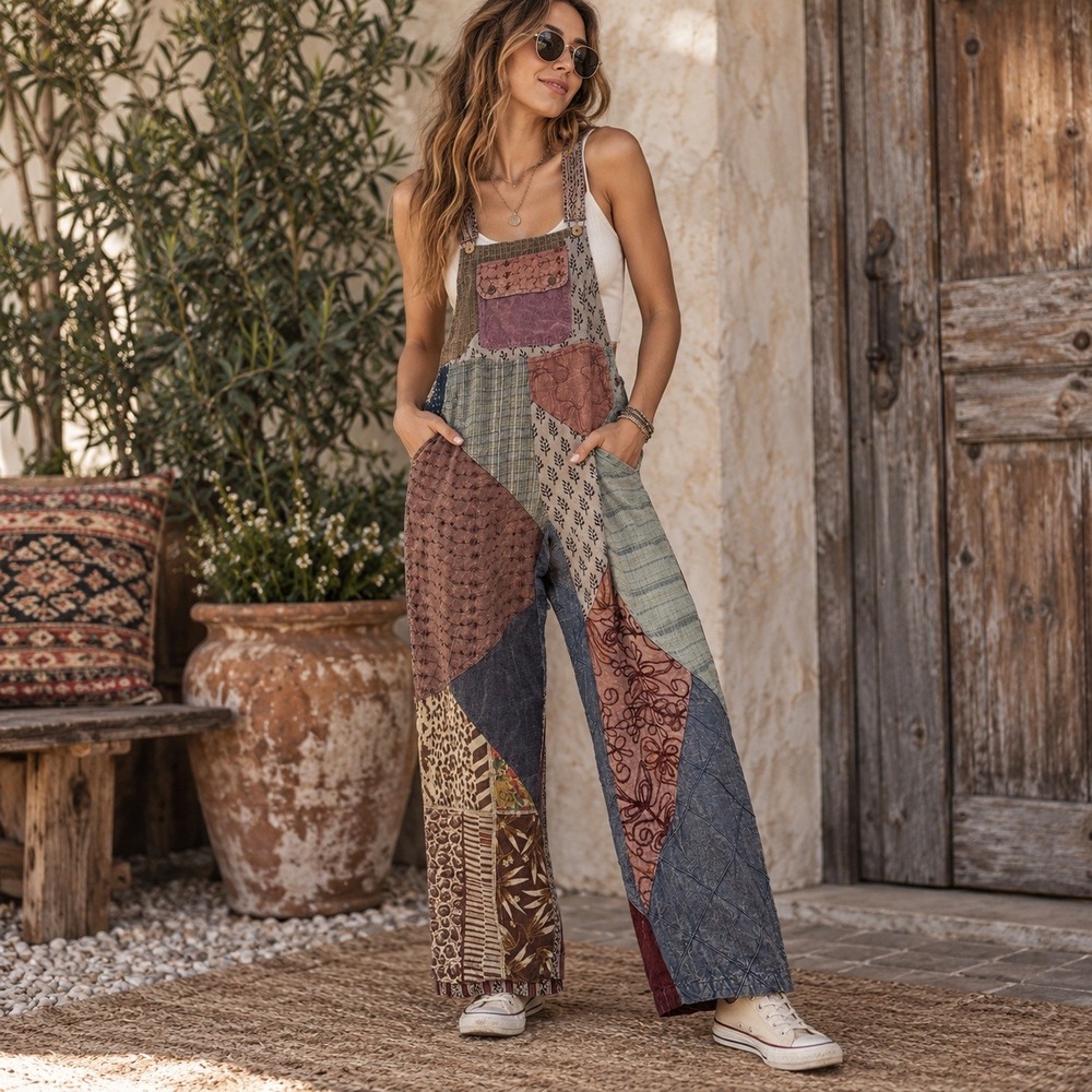Sacred Threads Overalls Womens Small Multicolor Boho Hippie Patchwork Festival